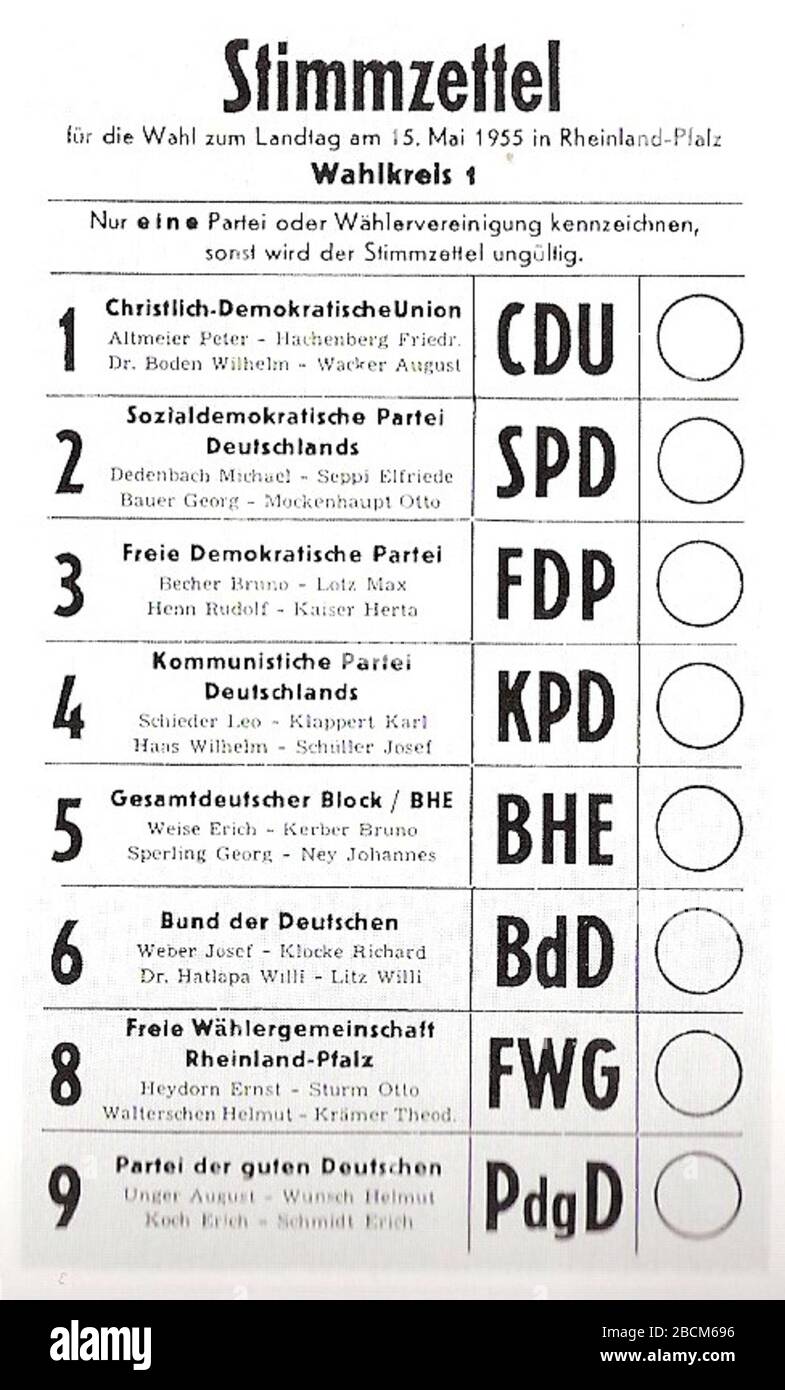Deutsch Stimmzettel Der Landtagswahl Rlp 1955 1955 Landeswahlleiter Rheinland Pfalz Landeswahlleiter Rheinland Pfalz Stock Photo Alamy