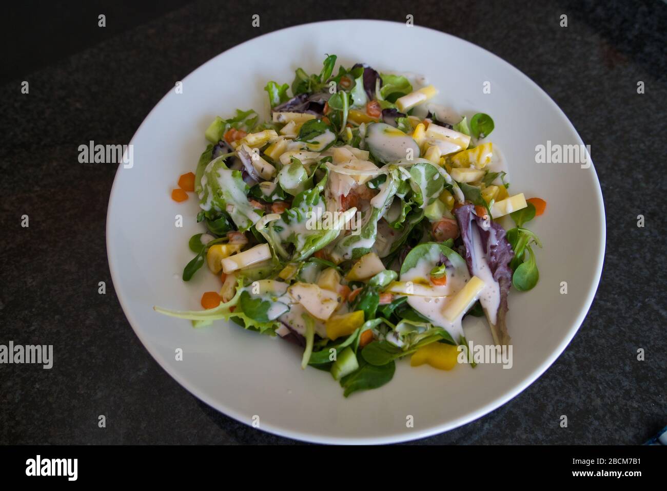 Mixed vegetarian organic salad plate with tomatoes, eggs, bell pepper, lamb's lettuce, balsamic vinegar, croutons and yoghurt dressing, product image Stock Photo