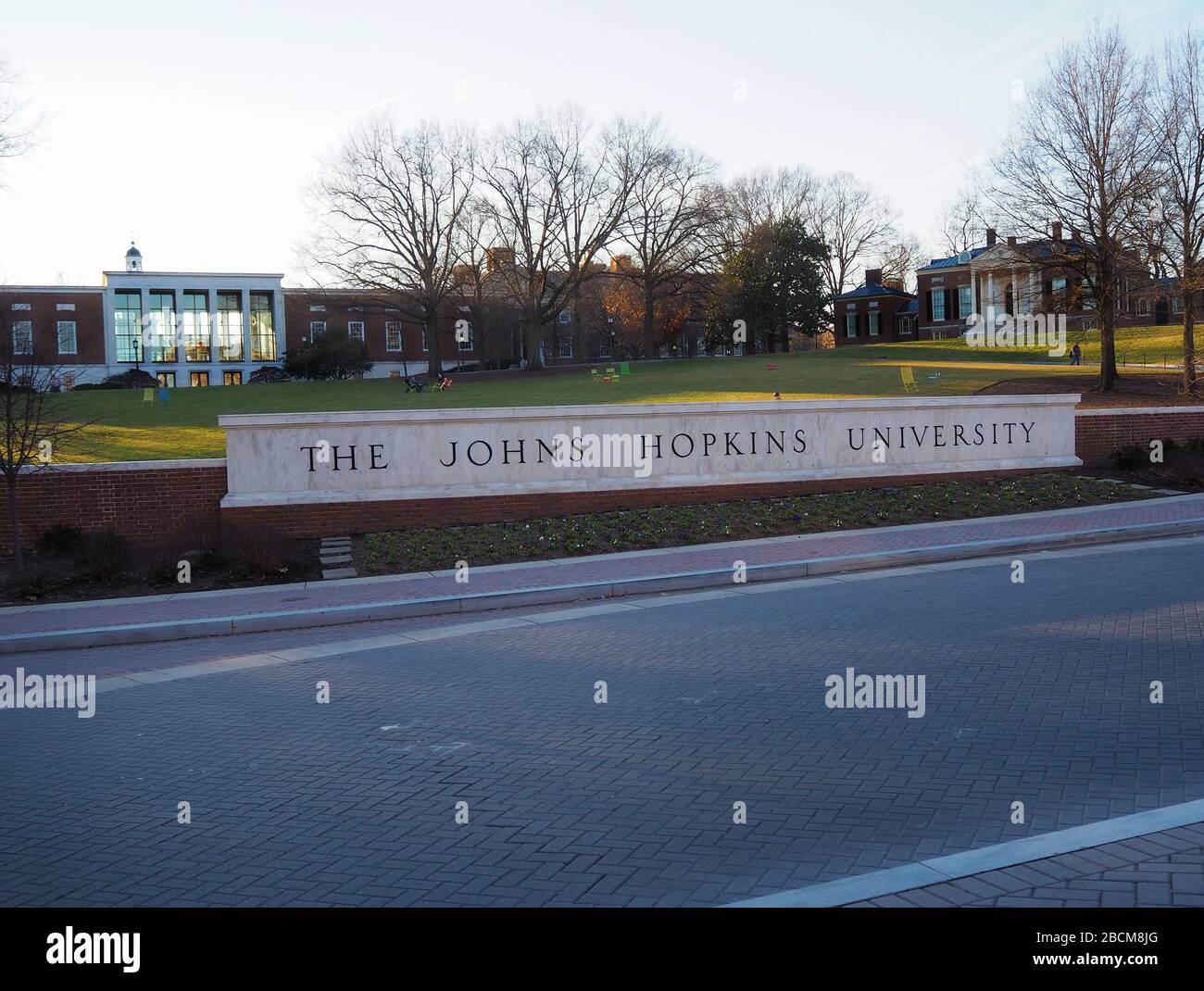 BALTIMORE, MARYLAND - FEBRUARY 17, 2020: The front entrance area of Johns Hopkins University in Baltimore MD on a winter day in 2020. Stock Photo