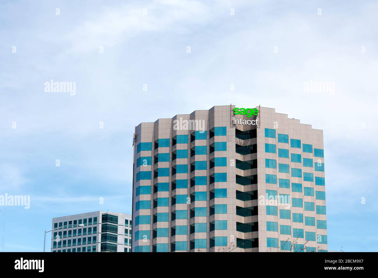Sage Intacct high rise skyscraper headquarters in Silicon Valley. Sage
