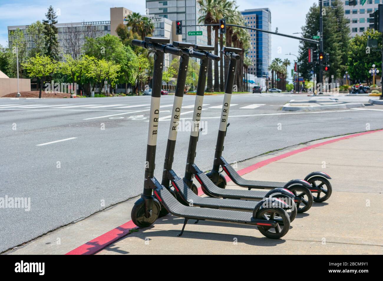Bird electric rideshare scooters on sidewalk in city downtown on sunny day. Bird is a reliable last mile dockless electric scooter rental service - Sa Stock Photo