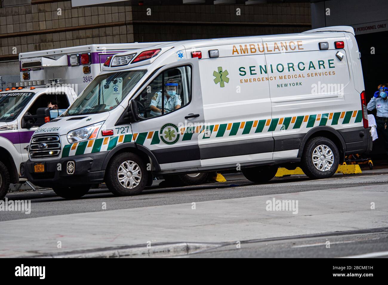 New York, USA. 04th Apr, 2020. An ambulance is seen in the parking lot