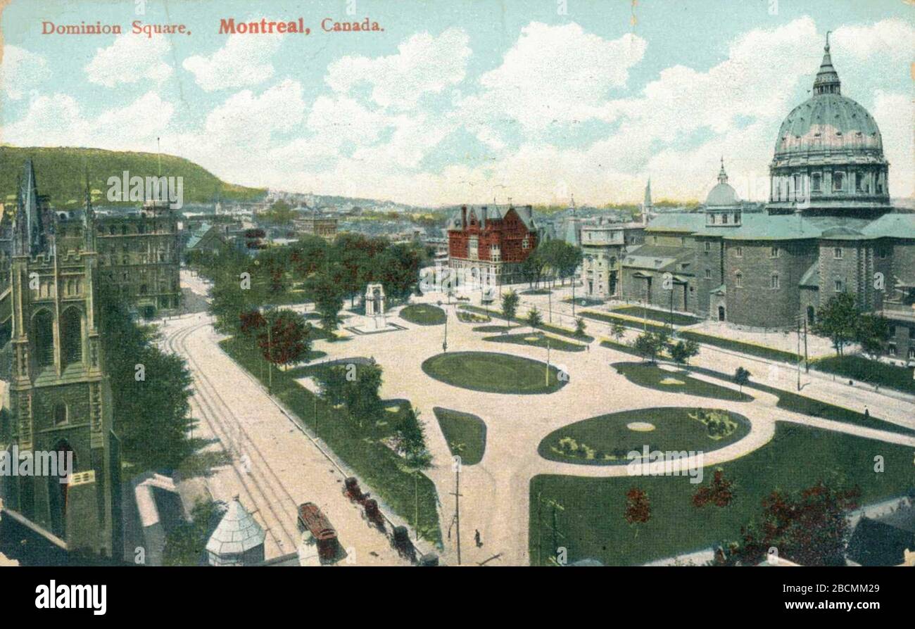English: Postcard of Dominion Square in Montreal, Quebec, Canada.  Postmarked January 27, 1911.Français : Carte postale du square Dominion (  renommé depuis lors Place du Canada), Montréal, Québec, Canada.; circa 1911  date