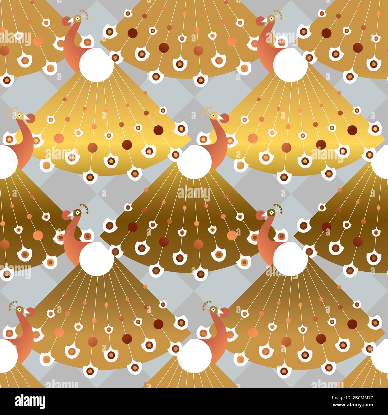 Abstract peacock bird seamless pattern in vintage art deco style. Luxury gold and bronze geometric animal background for elegant retro design or fancy Stock Vector