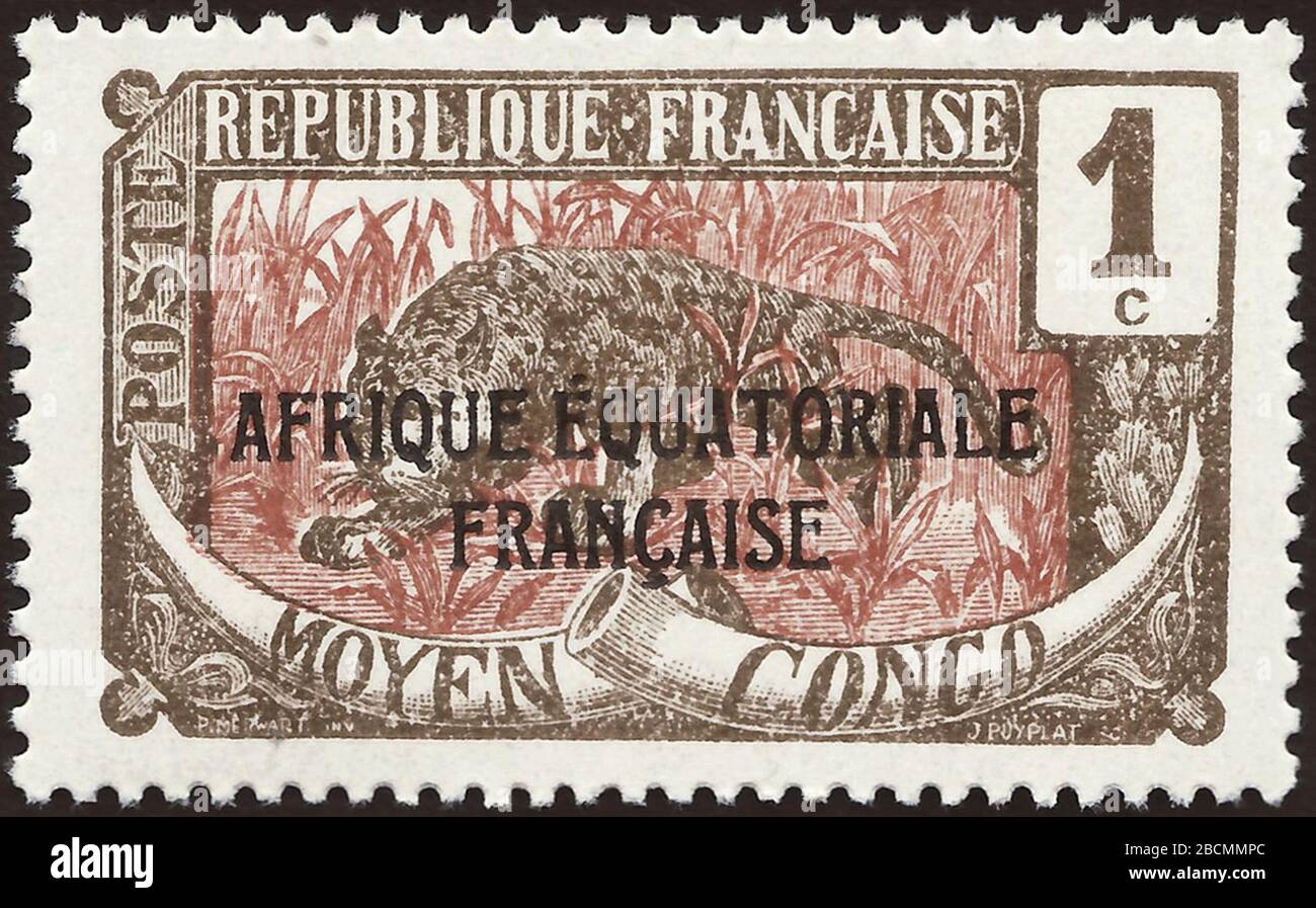 'Stamp of the French colony Afrique Équatoriale française (A.E.F.); 1924; definitive stamp of the French colony Middle Congo from 1907 of the issue Leopard with two-lines overprint of the new country name; The colony A.E.F. existed 1910-1958.; stamp motive with a framed drawing of a leopard  (Panthera pardus); mint stamp Stamp: Michel: No. 23 (FR-MC) (= Mittelkongo No. 1 from 1907 with overprint); Yvert et Tellier: No. 72 (FR-CG); Scott: No. 23 (FR-MC) Color: olive brown / brickstone-red Watermark: none Nominal value: 1 C (Centime) Postage validity: from 1924 until ?  Stamp picture size (print Stock Photo