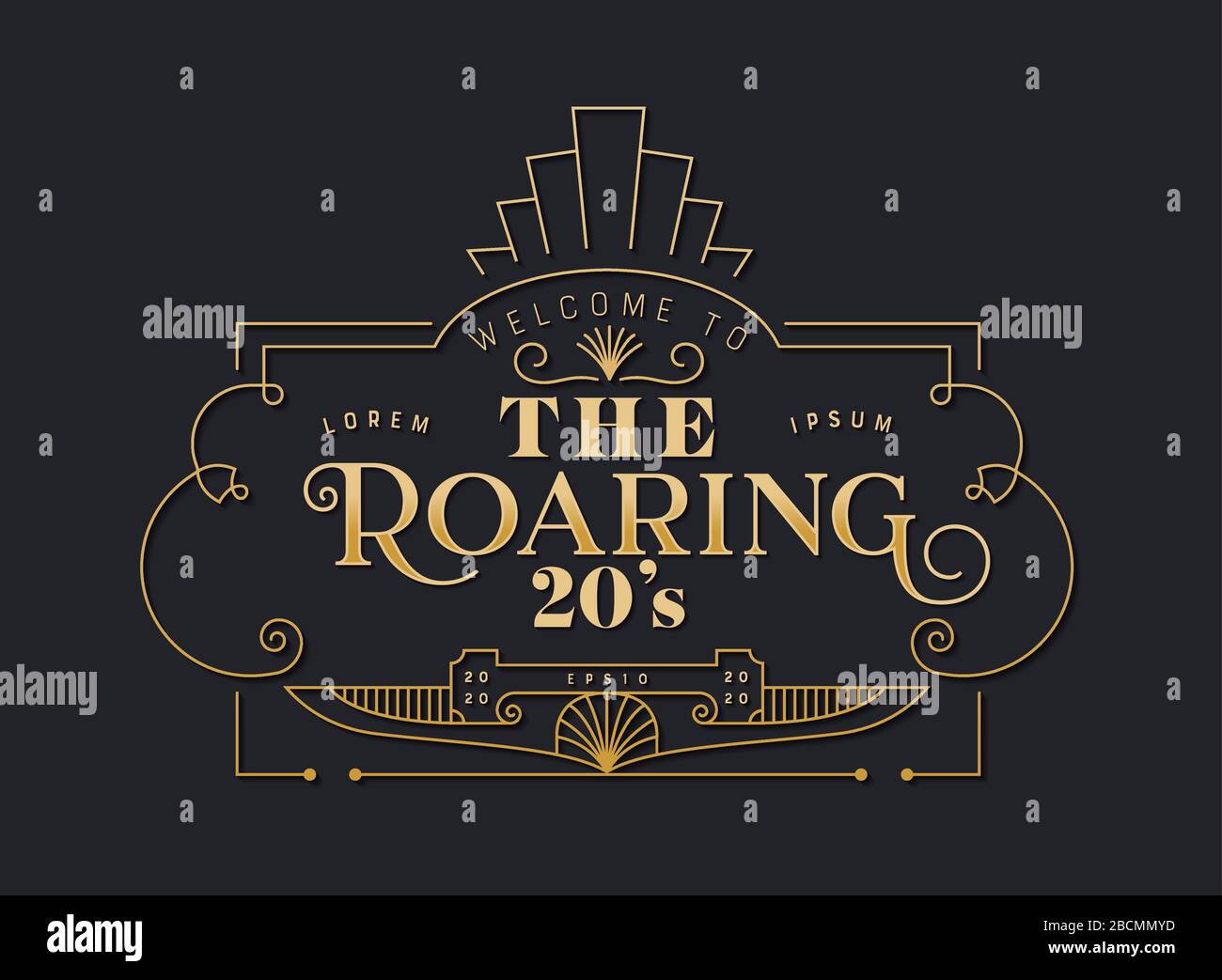 The roaring 20s background template in vintage art deco style. Gold and black retro frame with traditional geometric line decoration, text quote, orna Stock Vector