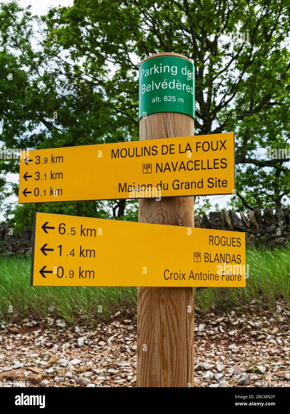 France, Gard, Cirque de Navacelles, hiking trail sign Stock Photo