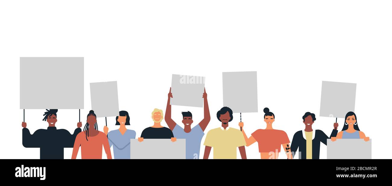 Isolated set of diverse young people generation at protest event holding picket sign on white background. Activist movement team with men and women fo Stock Vector