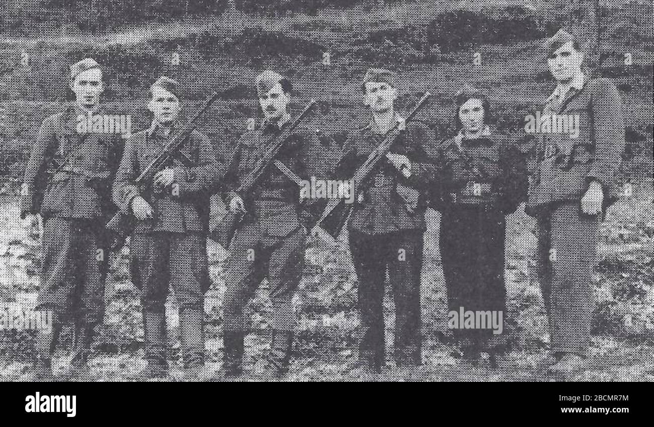 "Slovenščina: Štab 2. bataljona Gradnikove brigade na Stari Oselici oktobra 1944. Z desne proti levi Štefan Šček (bataljonski kronist), Valerija Lenarčič (sekretarka SKOJ), Alojz Tomšič ( politični komisar), Silvo Koler (pomočnik političnega komisarja) in Mihajlo Zubenica (komandant); October 1944; Book Gradnikova brigada. Petelin, Stanko. Nova Gorica, Soča, 1966.; Unknown author; " Stock Photo