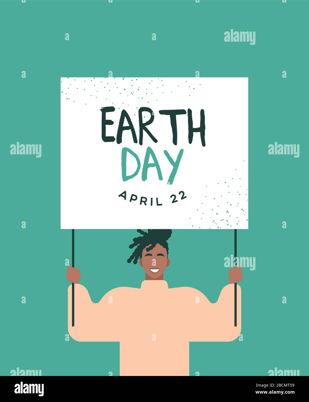 Earth Day greeting card for april 22 eco friendly holiday event. Young man holding protest sign, environment parade or nature campaign concept. Stock Vector