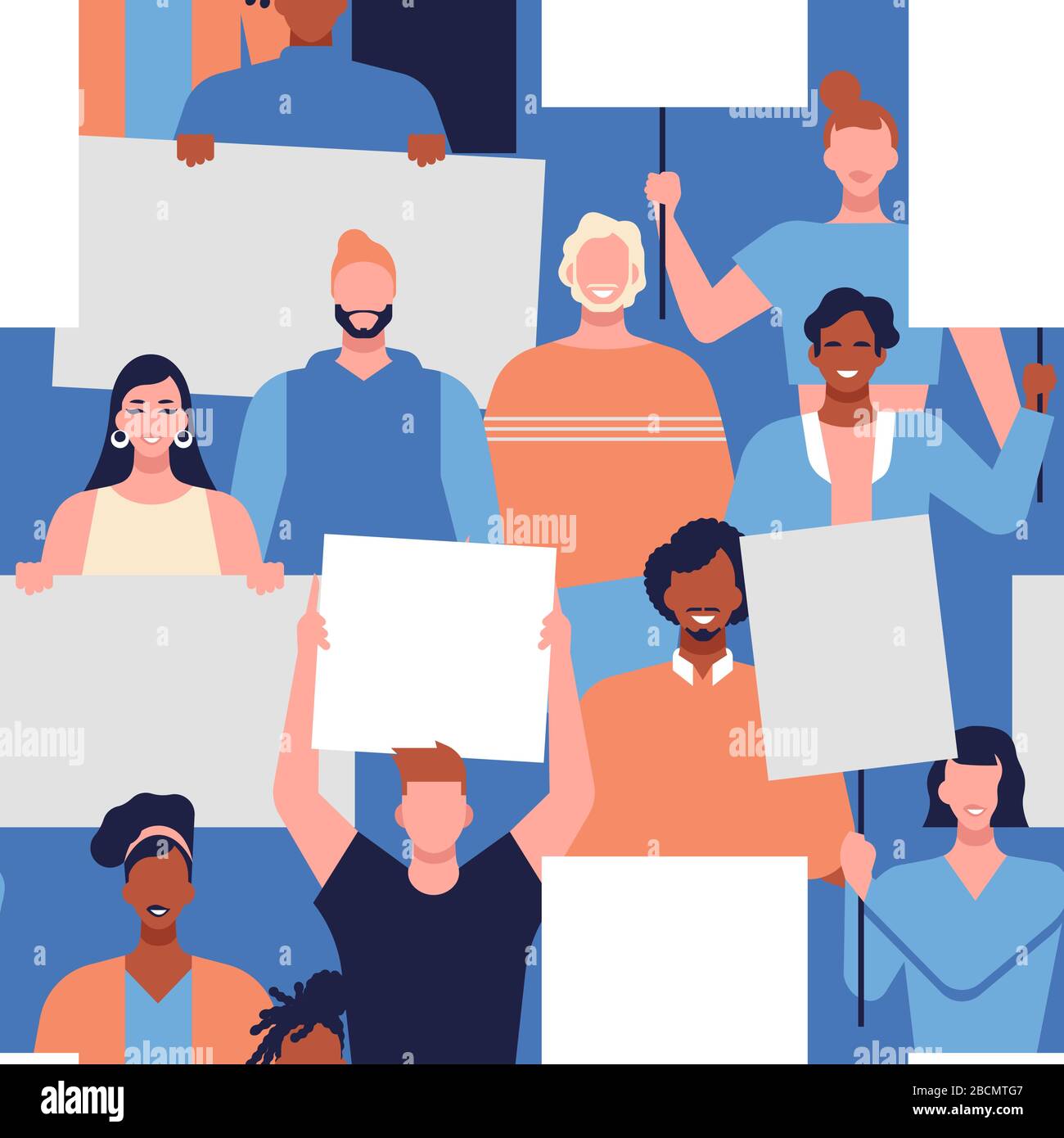 Seamless pattern of  diverse young people generation at protest event holding white picket sign. Activist movement background with men and women for h Stock Vector