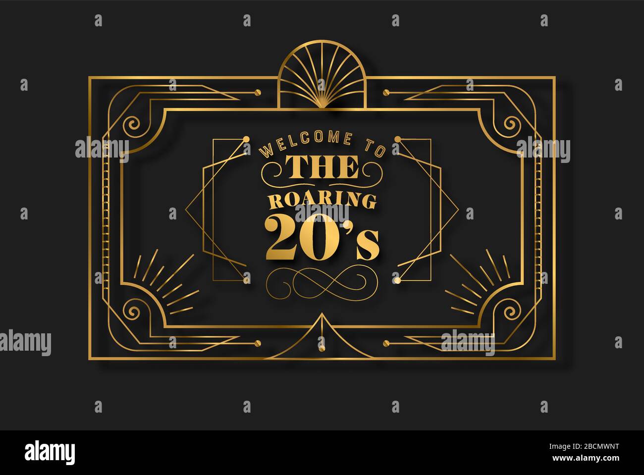 The roaring 20s abstract background frame in vintage art deco style. Gold and black retro design with traditional geometric line decoration, text quot Stock Vector