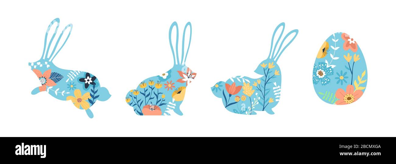 Cute spring rabbit and easter egg set with colorful hand drawn cartoon flowers, nature decoration on isolated white background. Children design collec Stock Vector