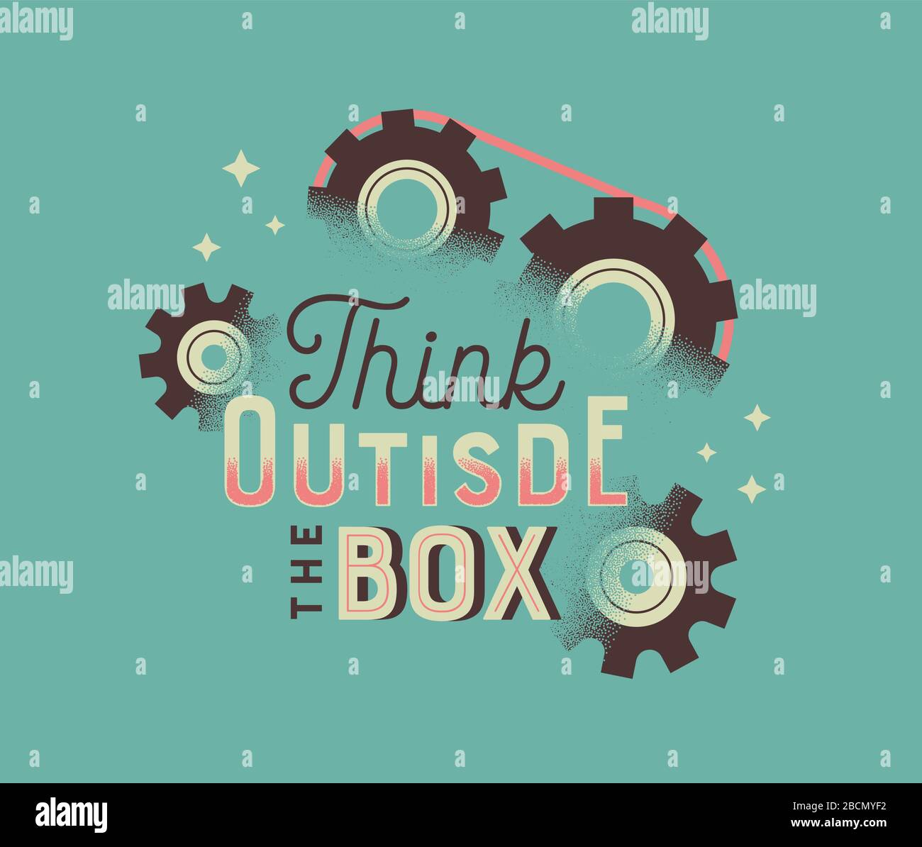 Think outisde the box typography quote poster illustration. Retro style lettering text design with motivational message for creative inspiration, work Stock Vector