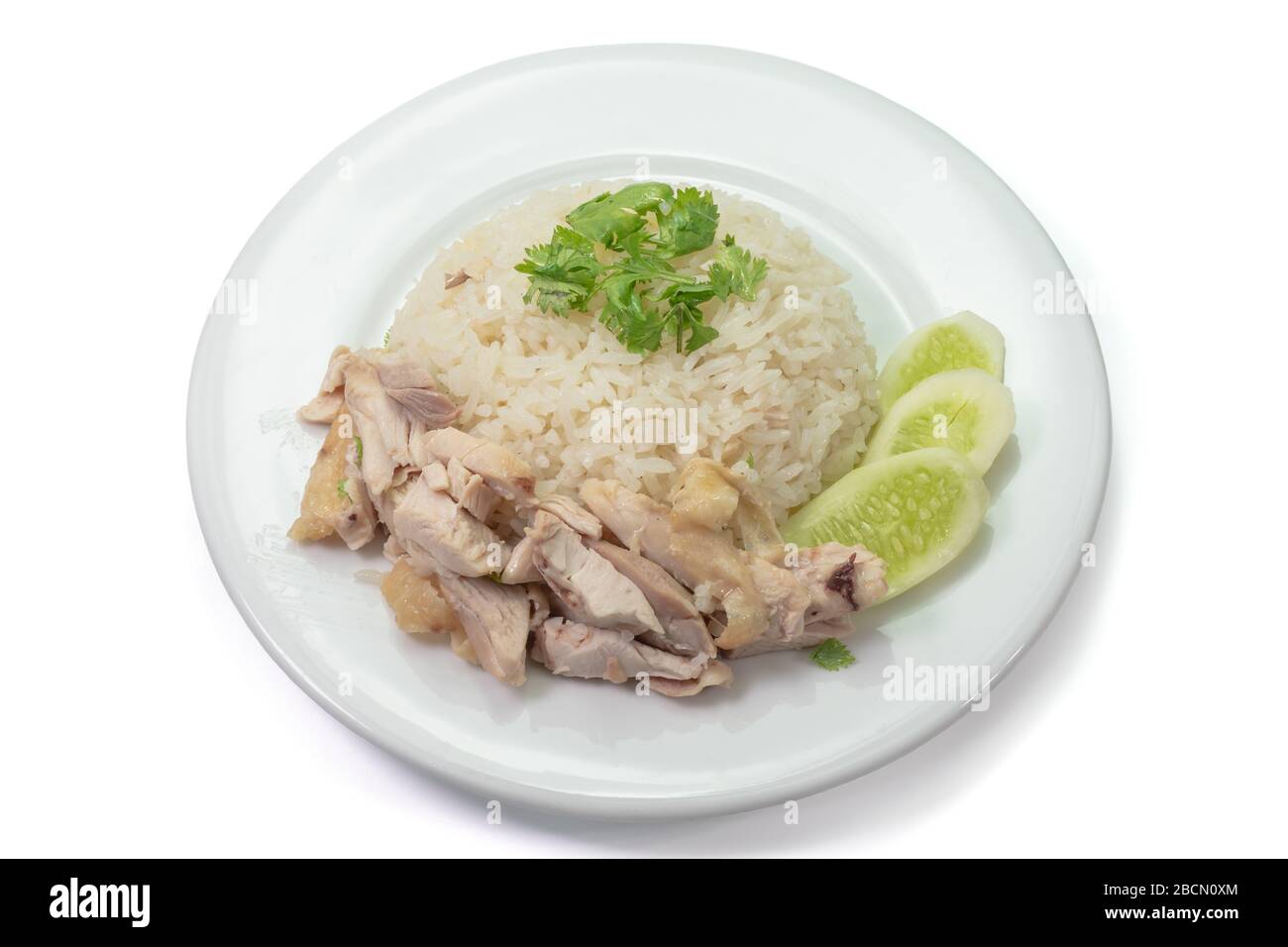 The close up of Thai chicken rice food on white plate on white ...
