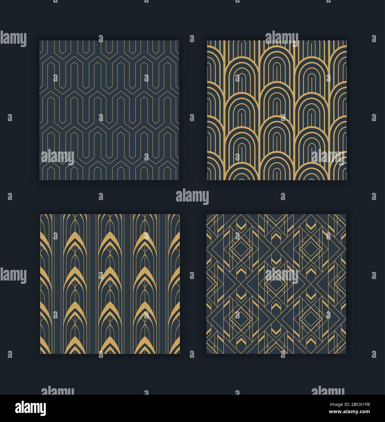 Elegant art deco style seamless pattern set with abstract geometric gold decoration. Modern golden and black background collection for luxury design o Stock Vector