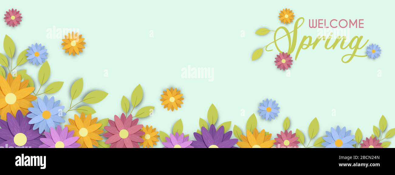 Welcome spring season web banner illustration of beautiful hand drawn flower decoration and lettering text quote. Colorful nature design for holiday e Stock Vector