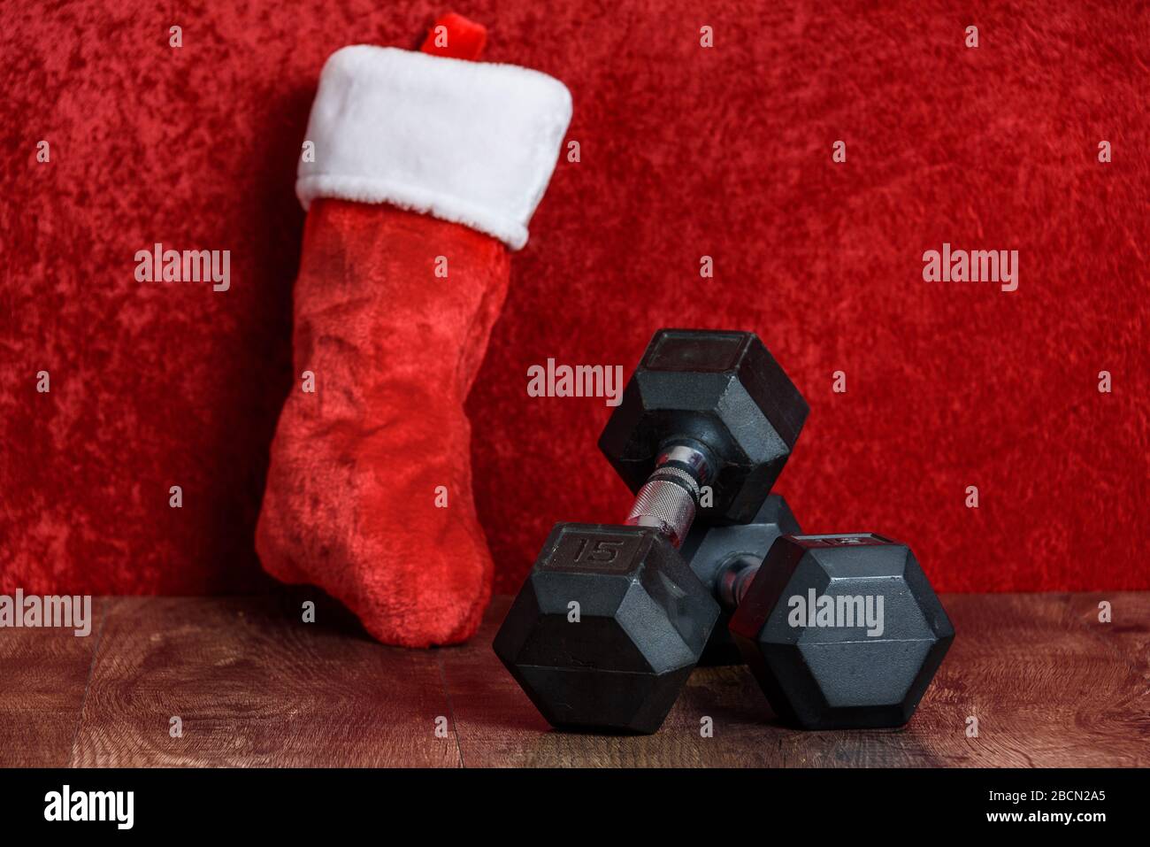 Holiday fitness, black dumbbells, red and white plush Christmas