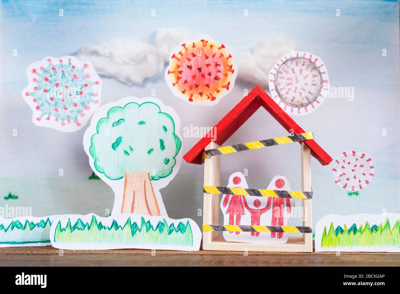 Hand drawn concept of global lockdown,shutdown and movement restriction. family staying at home in global pandemic Stock Photo