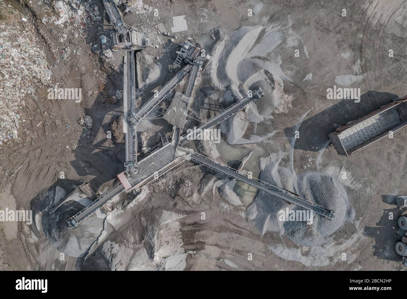 Aerial view of crushed stone quarry machine in a construction material factory Stock Photo