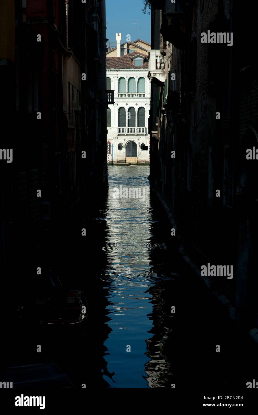 Villa and waterway to Grand Canal through small opening, Grand Canal, Venice, Italy Stock Photo