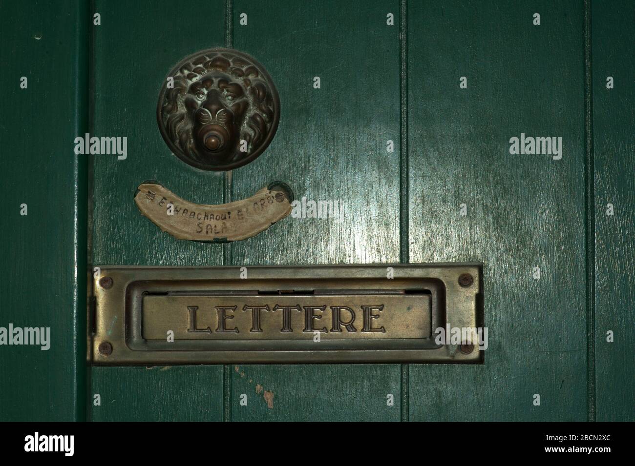 Letterbox in green door, Venice, Italy Stock Photo