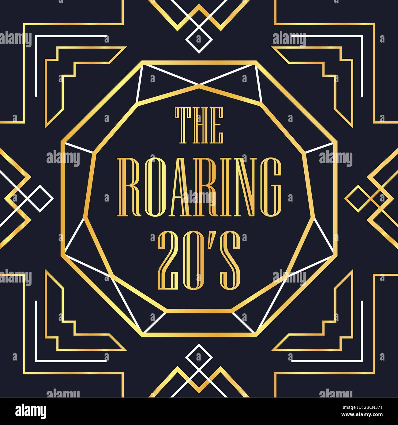 The roaring 20s background template in vintage art deco style. Gold and black retro frame with traditional geometric line decoration, text quote, orna Stock Vector