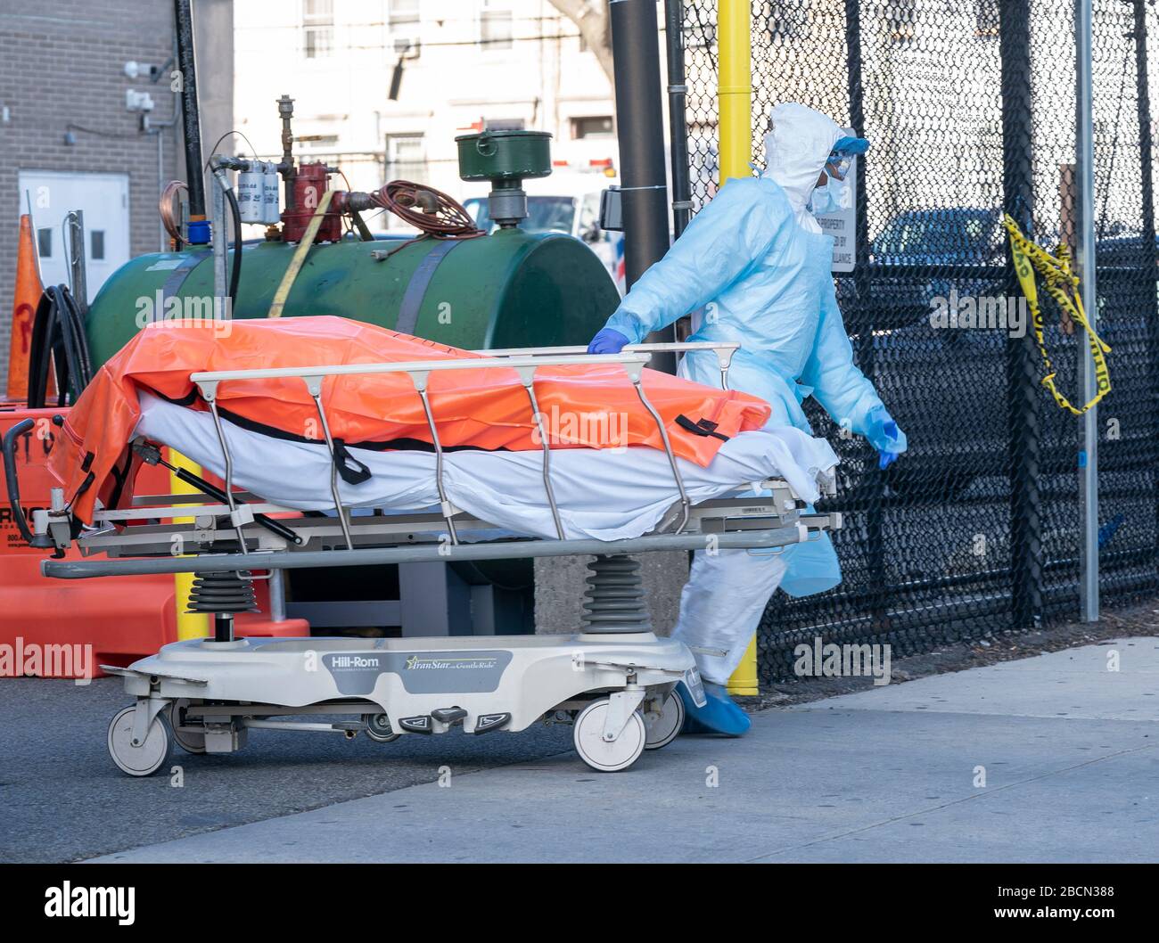 New York, NY April 4, 2020 Body of deceased patient in orange bag