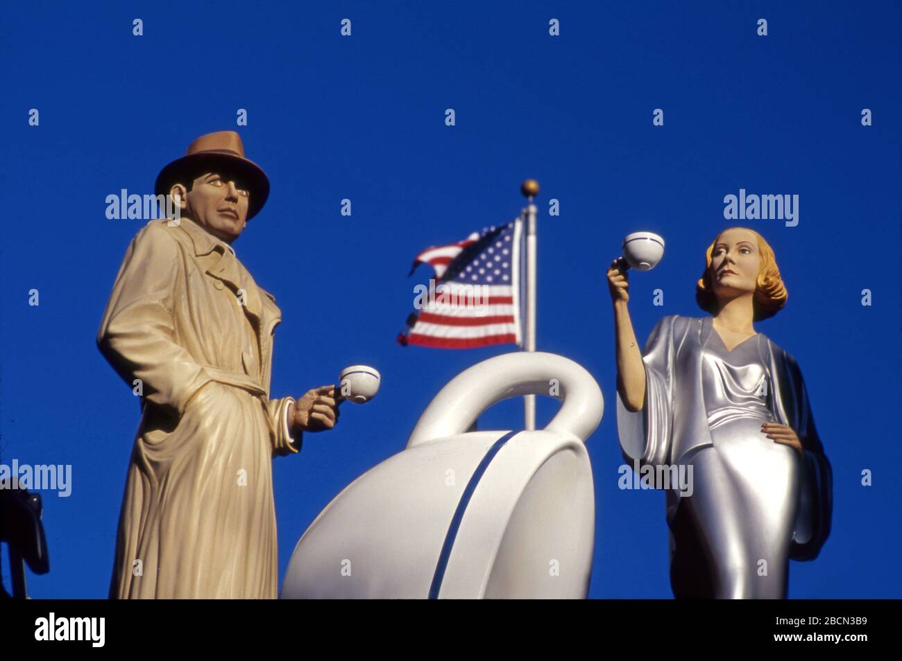 Statue figures of Humphrey Bogart and Greta Garbo at Citywalk at Universal Studios in Los Angeles, CA Stock Photo