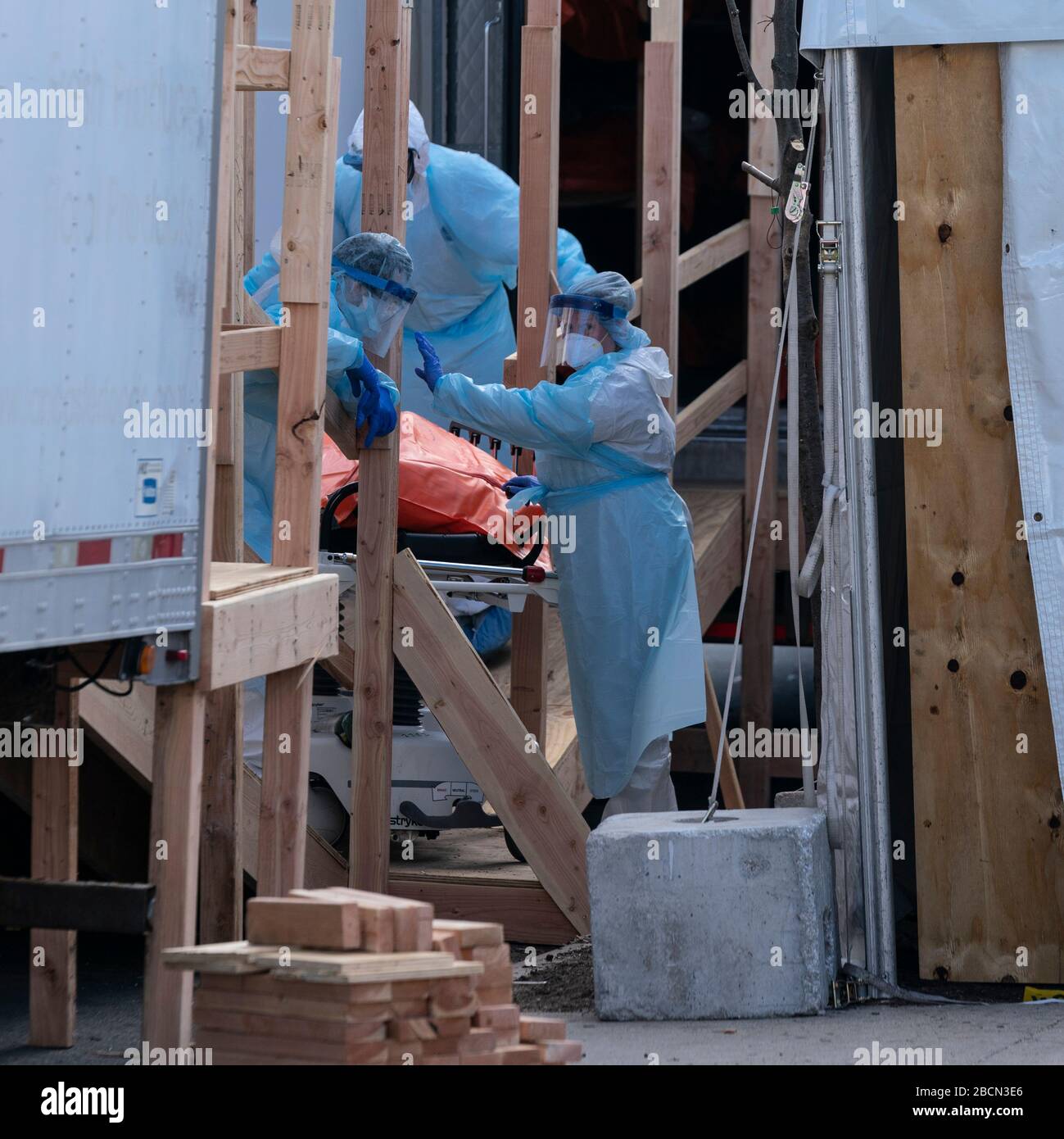 New York, NY April 4, 2020 Body of deceased patient in orange bag