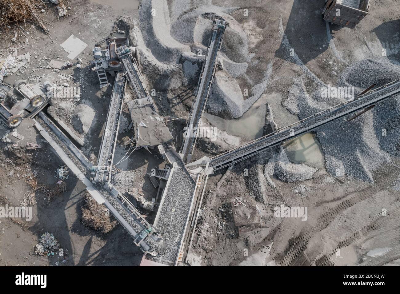 Aerial view of crushed stone quarry machine in a construction material factory Stock Photo