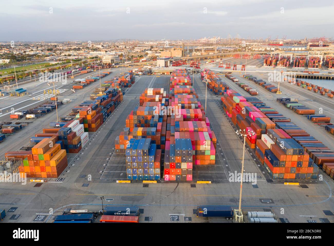 Shipping Container yard at the Port of Los Angeles in San Pedro Aerial Stock Photo