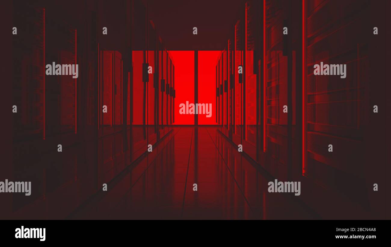Server racks in computer network security server room data center red lights alert. 3D render Stock Photo