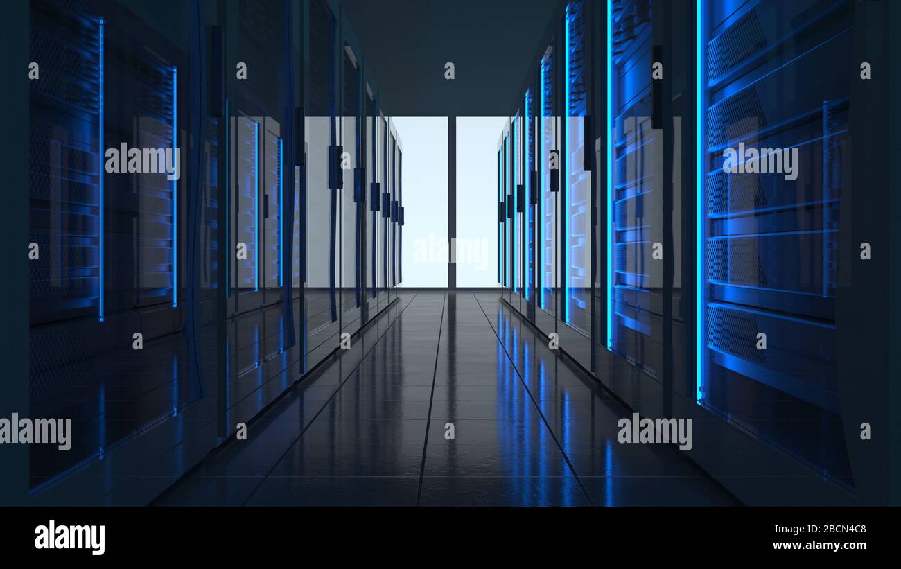 Server racks in computer network security server room data center. 3D render dark blue Stock Photo
