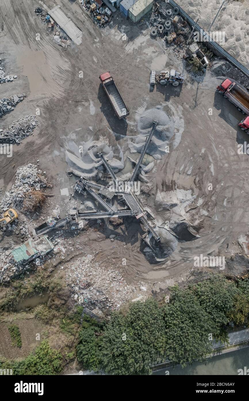 Aerial view of crushed stone quarry machine in a construction material factory Stock Photo