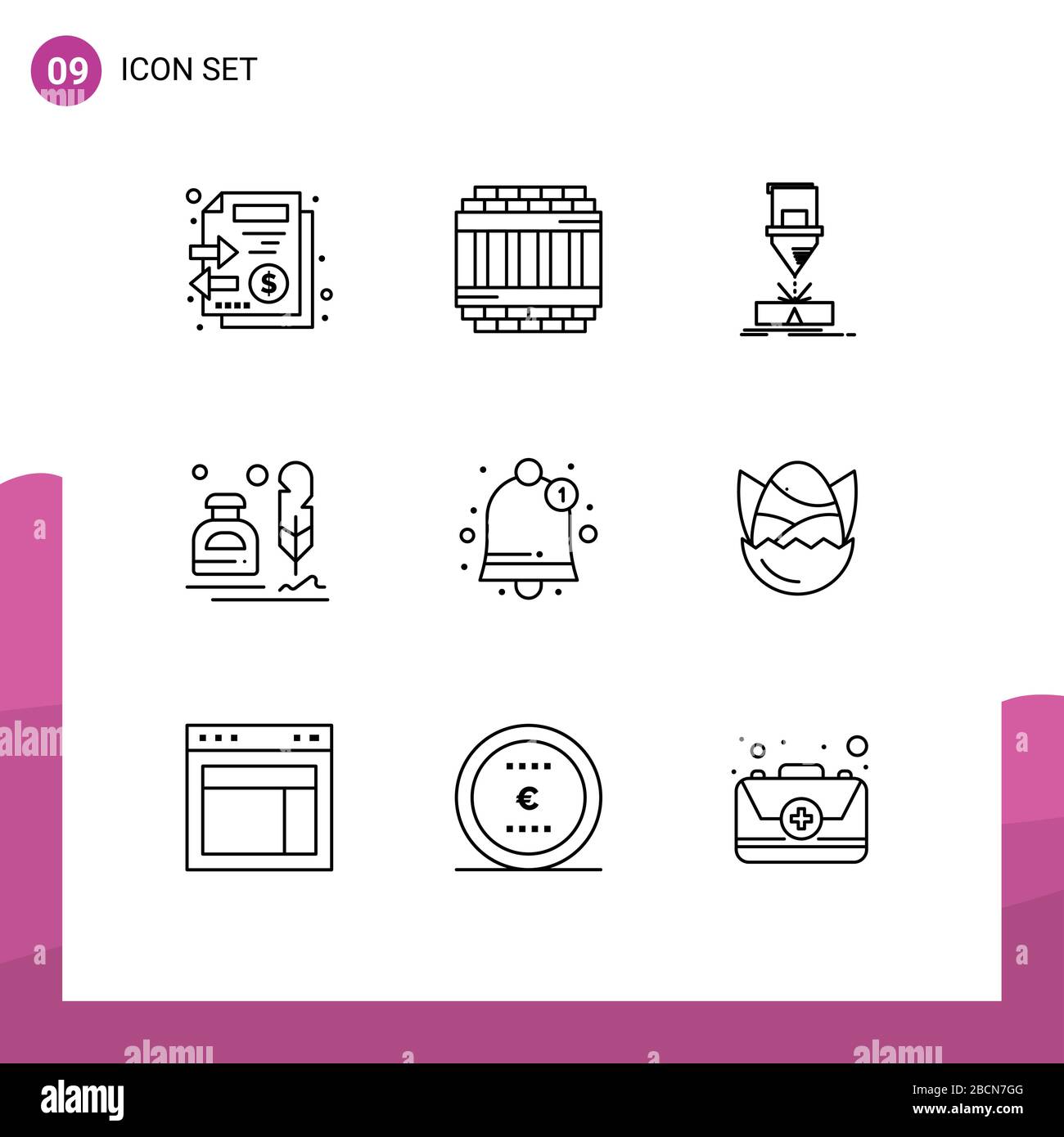 Pack of 9 Modern Outlines Signs and Symbols for Web Print Media such as office, fur, cutting, erite, steel Editable Vector Design Elements Stock Vector