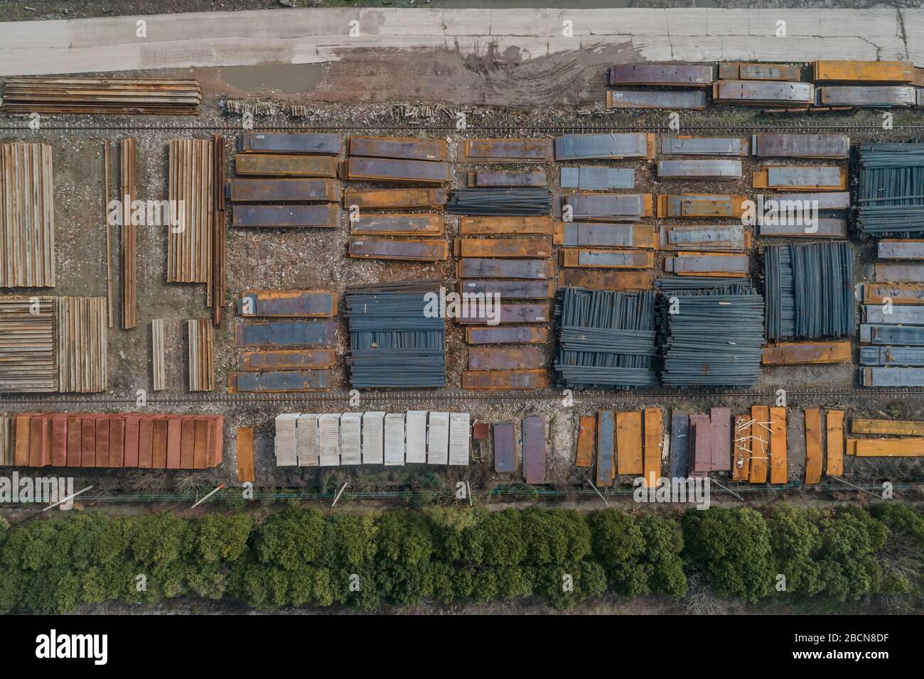 aerial view of steel plates and metal profiles stocked in a factory Stock Photo