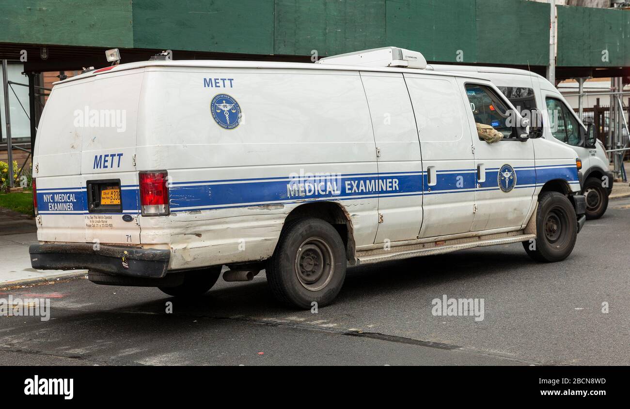 New York, United States. 04th Apr, 2020. Medical Examiner vehicle seen  outside of Greenpark nursing home