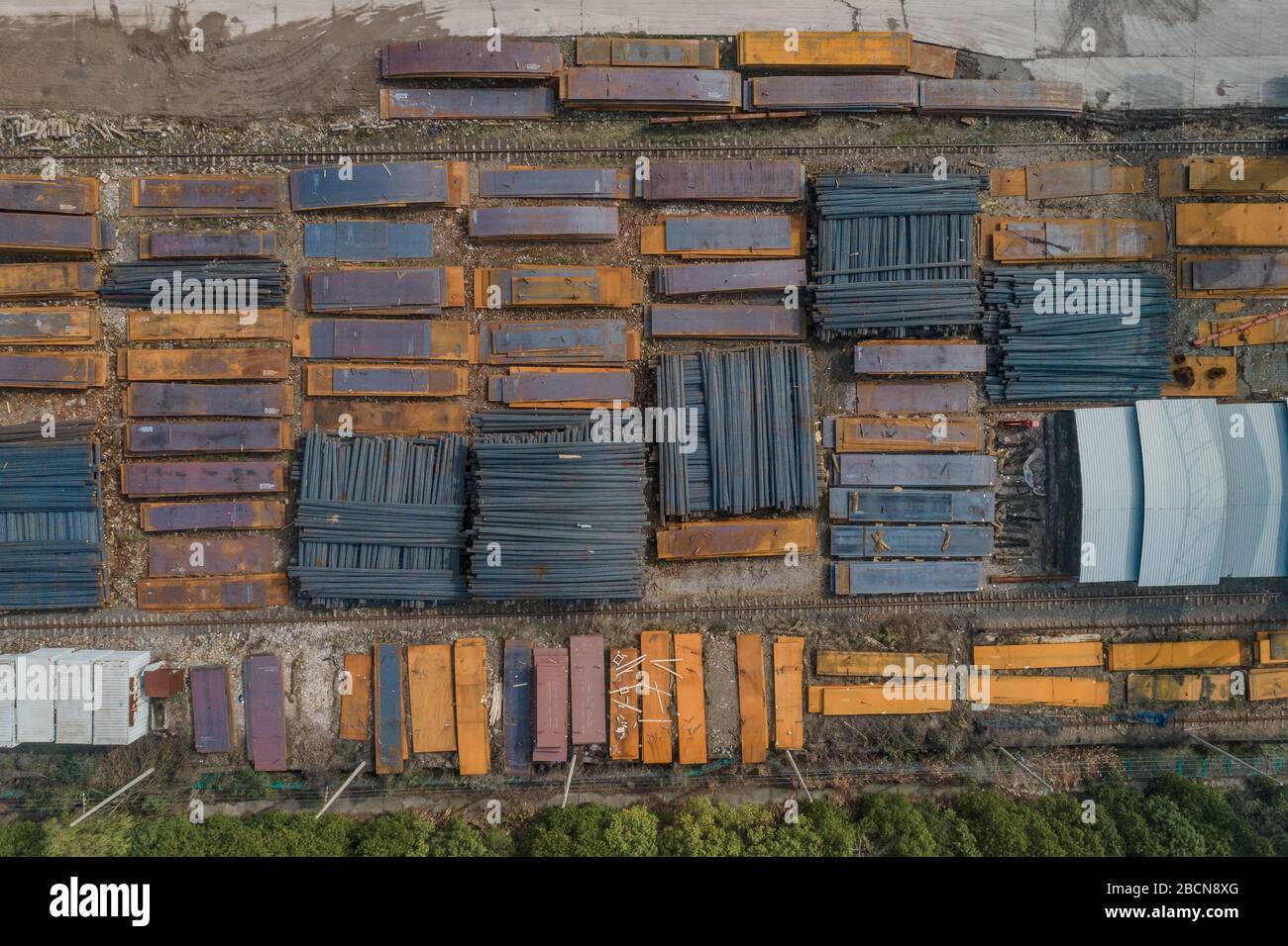 aerial view of steel plates and metal profiles stocked in a factory Stock Photo