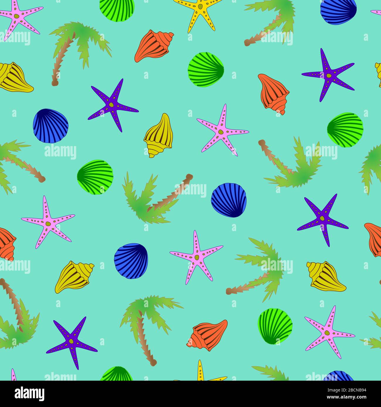Seamless marine pattern. multicolored starfish, shells and palm trees on a cyan background Stock Vector