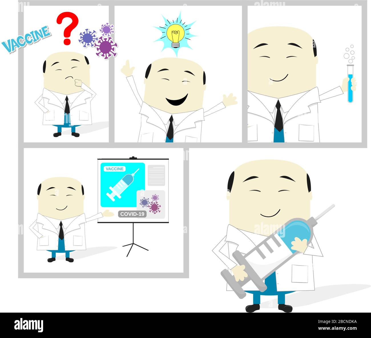 cartoon storyboard of asian scientist developing coronavirus vaccine. Isolated on white background Stock Vector