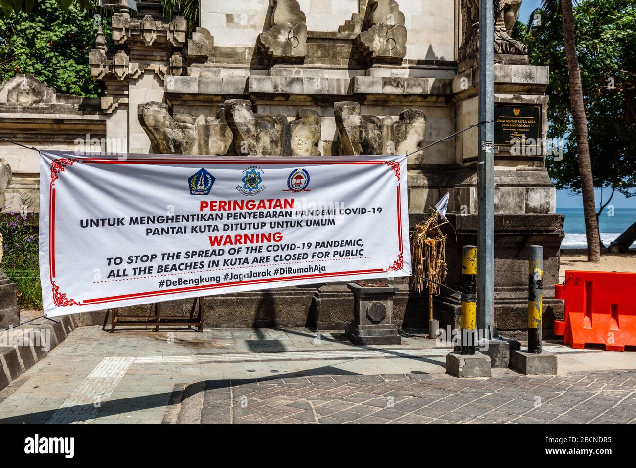 April 05, 2020. Empty popular tourist destination Kuta beach closed due to corona virus quarantine. Badung, Bali, Indonesia. Stock Photo