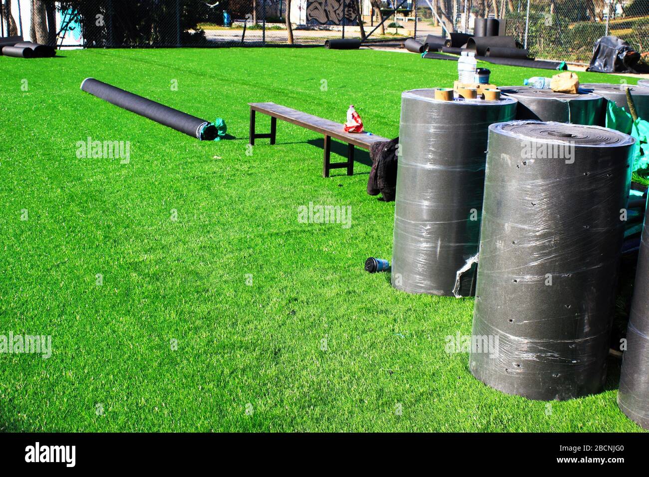 Artificial turf soccer field construction Athens, Greece, February 25