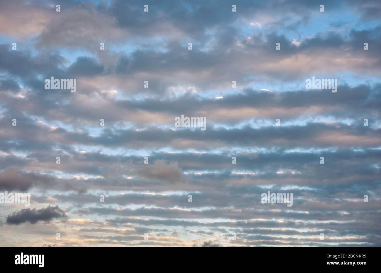 Rolls of cigar shaped clouds in the sky. Latin name: altocumulus undulatus. Weather front is approaching. Suitable as background or wallpaper. Stock Photo