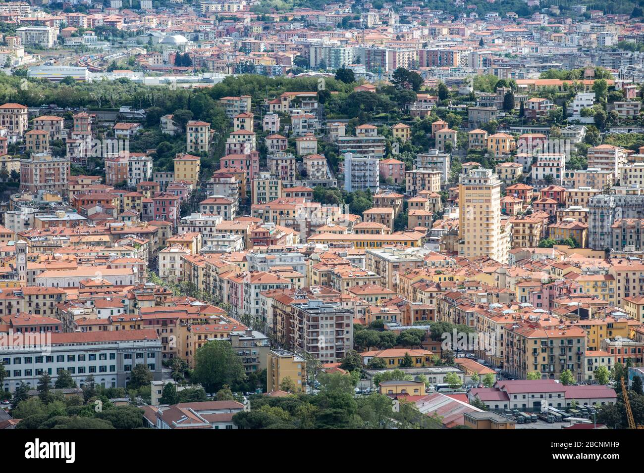City centre of La Spezia vieved from a mountain top. La Spezia, Italy. Stock Photo