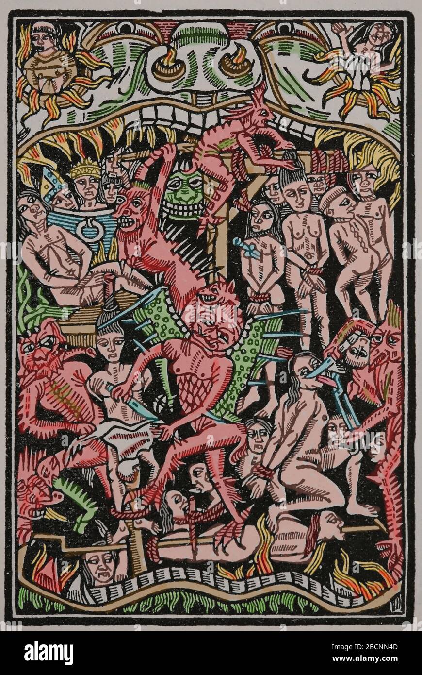 Medieval representation. Hell. Torments of sinners. Engraving.  Later colouration. Stock Photo