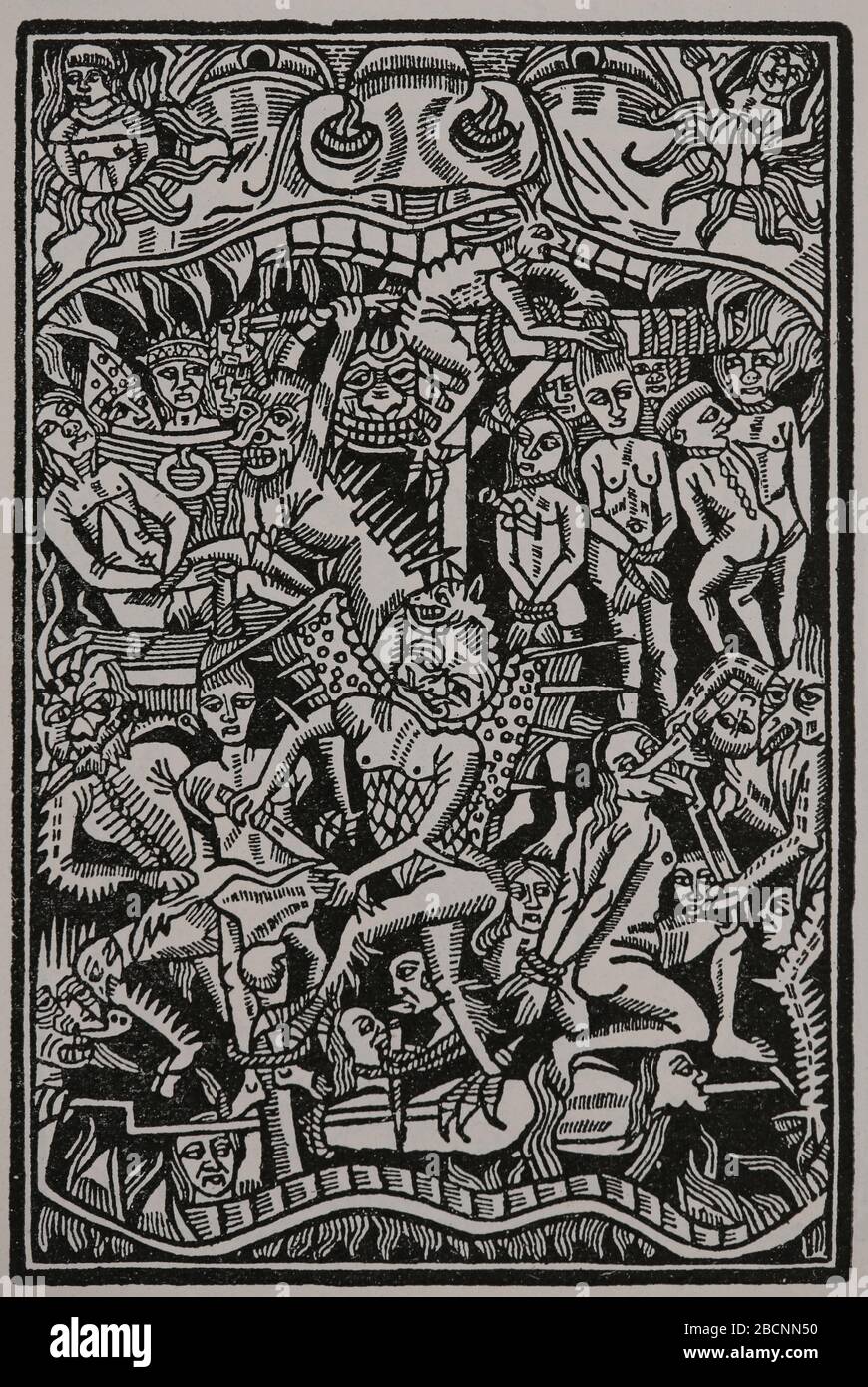 Medieval representation. Hell. Torments of sinners. Engraving.  Later colouration. Stock Photo