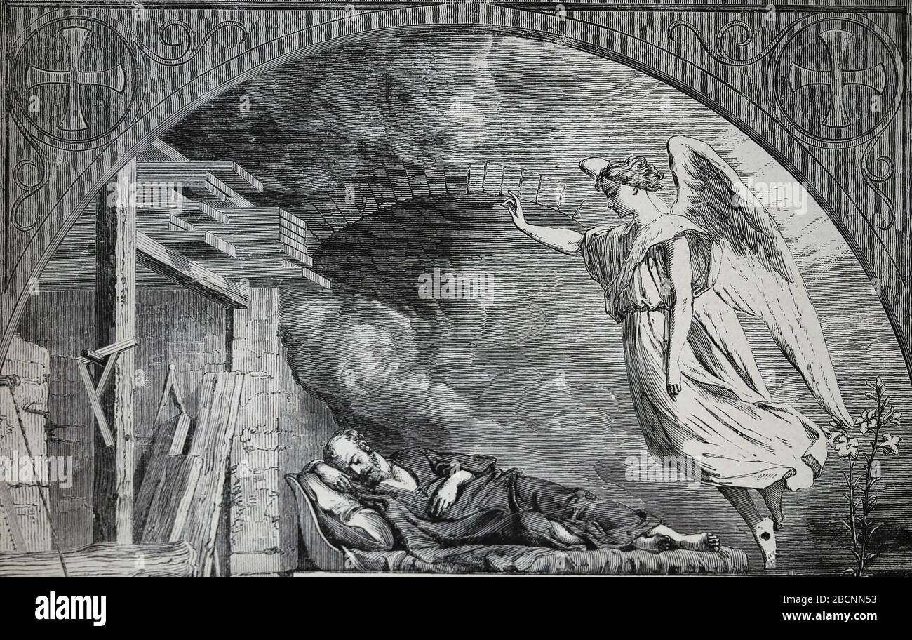 New Testament. Apparition of the angel to Saint Joseph. Engraving. Holy Bible, 19th century. Stock Photo