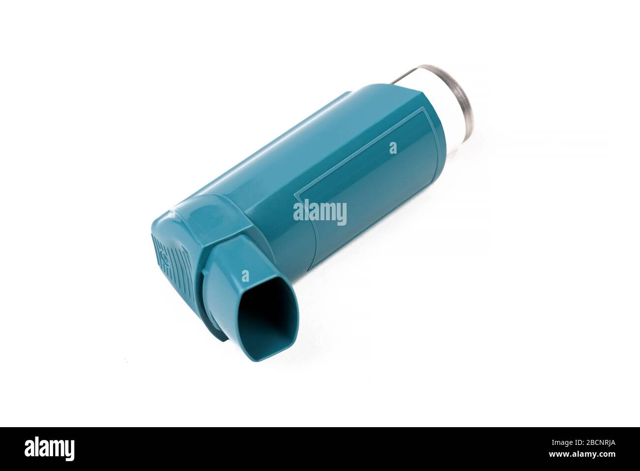 Simple blue asthma inhaler medicine, object isolated on white, cut out. Asthmatic issues, health care, cough medicine, lung diseases, allergies Stock Photo