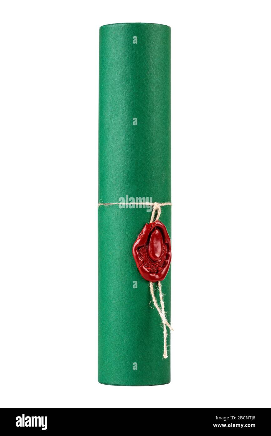 Stylish green certificate diploma tube, cylinder with a red wax seal, object isolated on white cut out Simple paper document container design, sealing Stock Photo